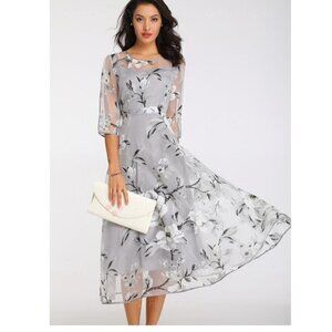 Floryday Silver Floral Midi Cocktail Dress - Large